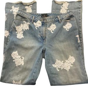 INC Jeans Women's Size 6 High Waist Floral Lace Flare Raw Hem Light Wash Stretch